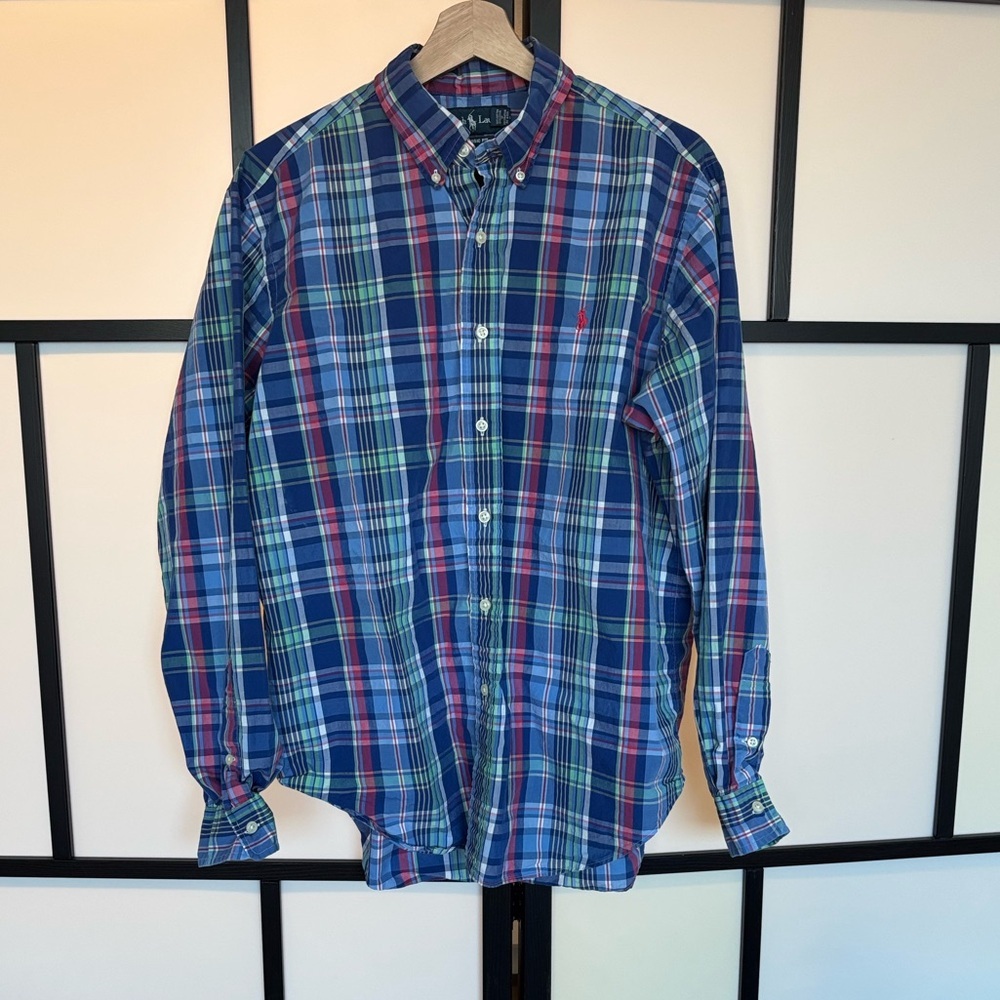Vintage Polo Ralph Blue Red Check Long Sleeve Classic Fit Shirt Men's Large